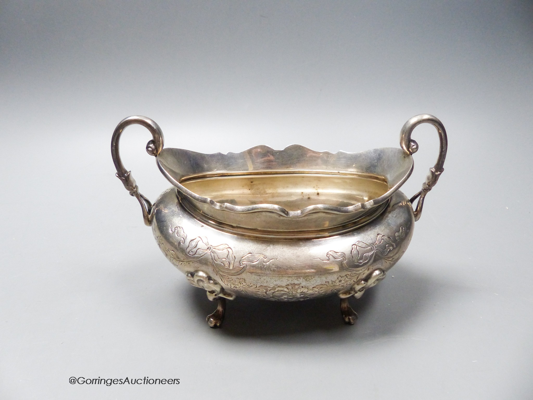 An Edwardian silver two handled sugar bowl, Goldsmiths & Silversmiths Co Ltd, London, 1907, width 16.5cm, 9oz.